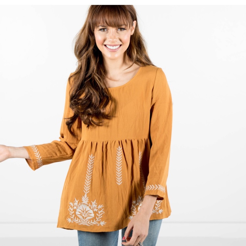 NWOT Stevie Hender Embroidered Mustard Blouse